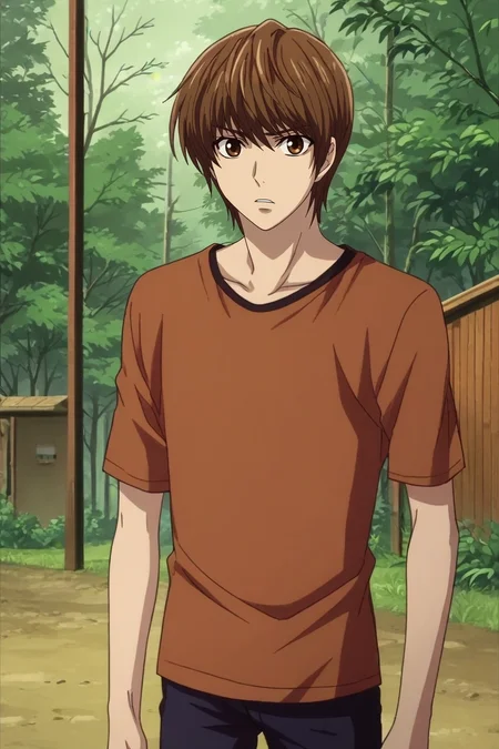 zPDXL, score_9, score_8_up, score_7_up, rating_safe, intricate details, , , 1boy, male focus, <lora:naohito_sakuragi_pony:0.70>, naohito_sakuragi, brown hair, brown eyes, short hair, solo, cowboy shot, cabin, forest, campfire, day, sunny, pose, speaking, talking, <lora:death_note_style_pony:1.12>, death_note_style, , <lora:sdxl_lightning_8step_lora:1>