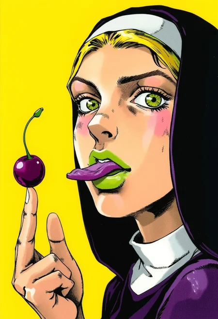Jojos bizarre adventurer Style, colorful Neon Pop-Art, purple, yellow, Green, S1n0z1ck style, extreme Closeup of a beautiful charming japanese nun in a traditional nun’s habit. Anime, Balances a cherry on the tip of the outstretched tongue