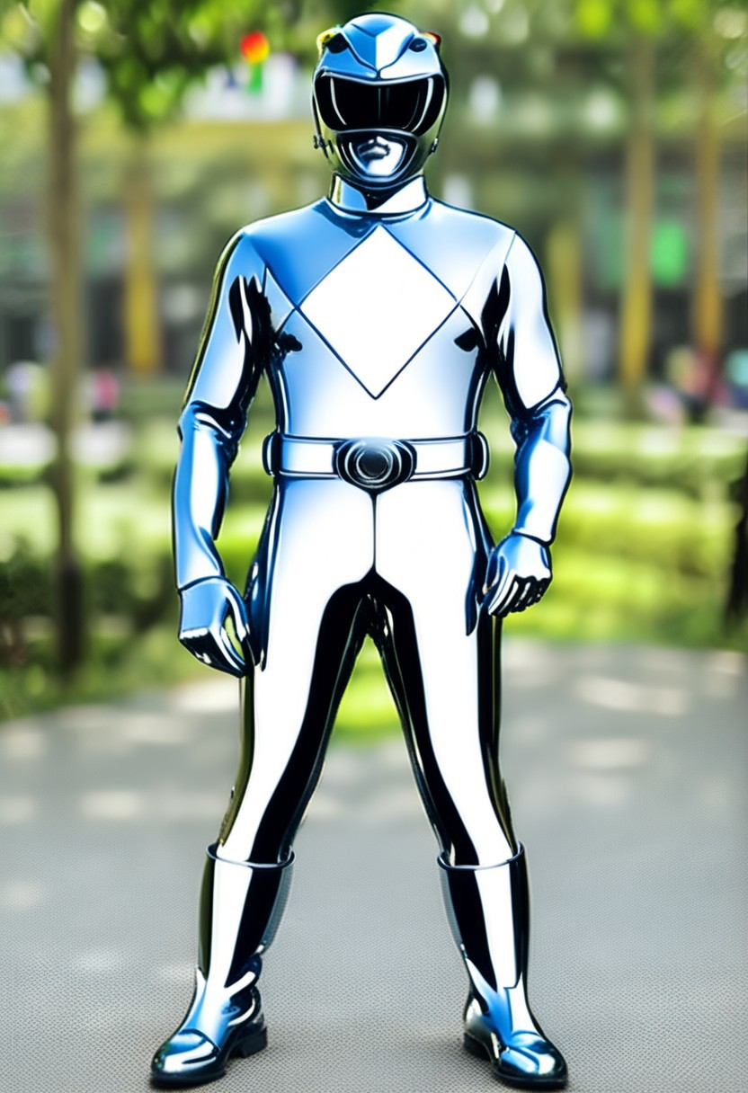 chrome statue of yellow-power-ranger, alone, morphed, chrome helmet, chrome catsuit, chrome turtleneck collar, chrome gloves belt boots holster, entirely made of chrome, standing square-on, in urban park, arms slightly-outstretched, full body photo, hyperdetailed photography