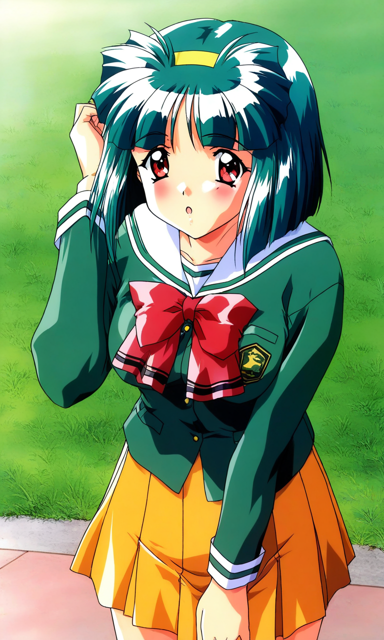 general,highres, ultra-detailed,very aesthetic,best quality ,best hands, BREAK <lora:Sakura_Kaedeko_Tokimeki_Memorial2_IS:1>
Sakura_Kaedeko(Tokimeki_Memorial2), 1girl, solo, short hair, green hair, yellow hairband, red eyes, bangs, breasts, 
school uniform,  bow, green shirt, long sleeves, shirt, pleated skirt, orange skirt, red bow, sailor collar, 
looking at viewer, open mouth, yellow skirt, jacket, :o, cowboy shot, standing,
blue sky, grass,