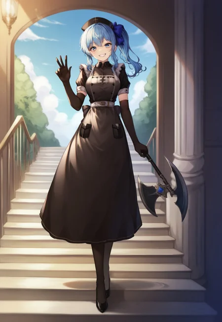safe_pos, score_9, score_8_up, score_7_up, score_6_up, masterpiece, high quality, 1girl, tall_girl,long_legs, Beautiful Finger,<lora:Hand v3 SD1.5:1>, Hand, Perfect hand, Detailed hand, perfect face, expressive eyes, perfect balance, detailed face, perfect lighting, newest, best quality, absurdres, highres, very aesthetic, Colorful, eyebrows visible through hair, SimplePositiveXLv2, full view, 200 cm tall, full body, full body shots, cowboy shot, looking at viewer, looking down, 1girl, HoshimachiSuisei, side ponytail, long side pony tail:1.4, blue hair ribbon, SuiseiMaid, long hair, black nurse cap, double-breasted grey apron, chest belt, elbow gloves, crinoline, black pantyhose, high_heels, very long legs, narrow waist, elegant, light smile, indoor, in a grand castle, luxury palace, scenery, looking at viewer, grin, walking down stairs, stairs, holding long axe, hunter's axe, walking, waving
