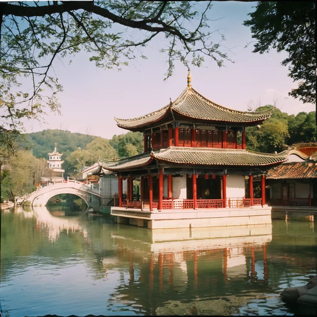 4k,realistic,photograph,analog film photo Deep photo,ferrania p30 film,Kodachrome,grainy,chinese style,shining,
a beautiful chinese buiding by the river,daytime,sunny,
east asian architecture,<lora:east_asian_architecture:1>,