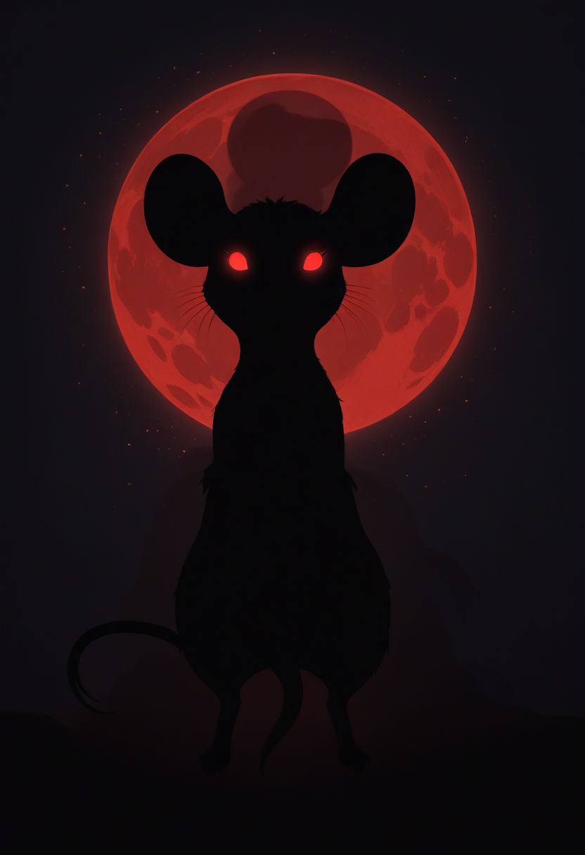 score_9,score_8_up,score_7_up,score_6_up,score_5_up,score_4_up, (((red))), backlight colors, (silhouette:2), backlighting, glowing red eyes, twinkling night sky, starry, bright colors, high contrast, vivid lighting, (((mouse))), (solo), (solo:2), furry, (feral), close view, (fire on background), (blood moon), standing pose, femine mouse, small breast,