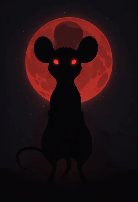 score_9,score_8_up,score_7_up,score_6_up,score_5_up,score_4_up, (((red))), backlight colors, (silhouette:2), backlighting, glowing red eyes, twinkling night sky, starry, bright colors, high contrast, vivid lighting, (((mouse))), (solo), (solo:2), furry, (feral), close view, (fire on background), (blood moon), standing pose, femine mouse, small breast,