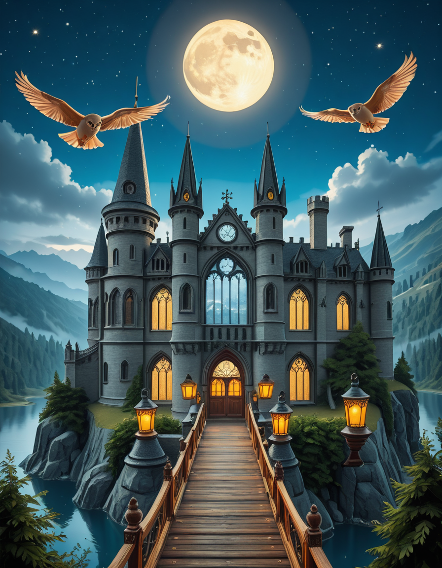 A majestic, ancient castle perched on a rocky hill, serving as a prestigious school for young wizards. The castle is a grand structure with towering spires, intricate gothic architecture, and large stained-glass windows that glow with magical energy. The stone walls are covered in ivy, and enchanted lanterns float around the entrance, casting a soft, mystical glow. A massive wooden bridge leads to the main gate, suspended over a misty, enchanted lake that reflects the moonlight. In the background, rolling green hills and dense, fog-covered forests surround the school, adding an air of mystery. The sky is a deep twilight blue, with stars twinkling and a full moon shining brightly. Some windows in the castle emit warm, golden light, hinting at classrooms filled with spellbooks and students practicing magic. A few owls are seen soaring above, delivering messages. The atmosphere is magical, mysterious, and full of wonder, as if the castle itself is alive with enchantments.
<lora:SDXLFaeTastic2400:0.4> <lora:extremely_detailed:0.4> extremely detailed,ancient c4stl3, <lora:ancient_c4stl3-i:1>, Masterpiece,best quality,hi res,8k,hi res,8k,award winning,(sharp focus, intricate, highly detailed),