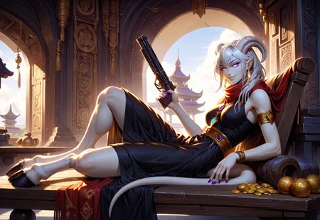 (absurdres, best quality, masterpiece:1.4), score_9, score_8_up, score_7_up, score_6_up, detailed, detailed body, detailed face, world of warcraft, fantasy, <lora:add-detail-xl:1.5>,

fFaceDetail, (female, draenei, h0rns, ram horns, white horns, tall, athletic arms, pale white skin, long white hair, purple eyes, long white tail, long fingers, purple fingernail polish), 

(long loose black dress, red silk scarf, tail under dress, simple armlet, small yellow gem pendant, small yellow gem earrings),

portrait, side view, looking to viewer, soft smile, (lying down, lying on bench, lying on side),

GunMonk, shotgun, full body, side view, indoors, temple, (window in background, outer space), sitting at table, legs on table, leaning back in chair