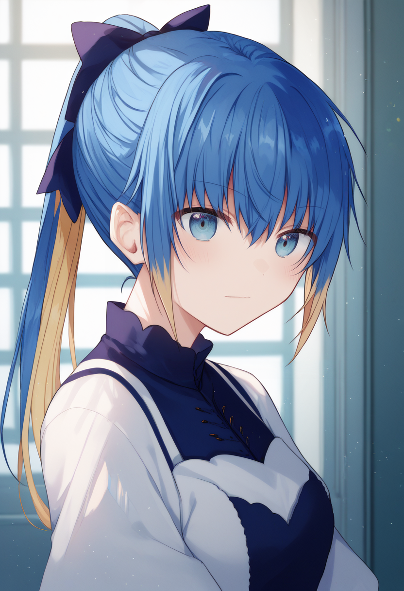 haiselita, score_9, score_8_up, score_7_up, 1girl, solo, light particles, two-tone hair, blue eyes, dress, upper body, hair bow, long ponytail, indoors<lora:kazutake hazano xl 033:1>