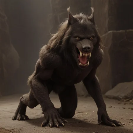 score 9, score 8, score 7, score 6, 1boy, furry male, solo, black fur, animal ears, yellow eyes, sharp teeth, claws, werewolf on down on all paws with tail in the air, wagging tail, trying to look friendly