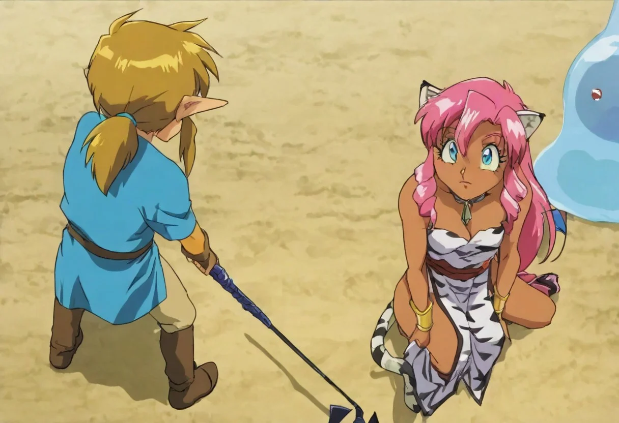 Pink_DragonPink, 1girl, sleeveless dress, white tiger print dress, pelvic curtain, cleavage, white tiger tail, red sash, small breasts, leather shoes, masterpiece, very aesthetic, cute expression <lora:pink-illustrious:1>
(anime, anime coloring:1.3),1boy,Anime screencap,link (zelda),blonde hair,blue eyes,pointy ears, wearing blue hyilian tunic,
Dragonpink attacks a dragonquest slime, dragonpink uses a whip on the slime, link uses his master sword on the slime, both characters full bodies in frame
