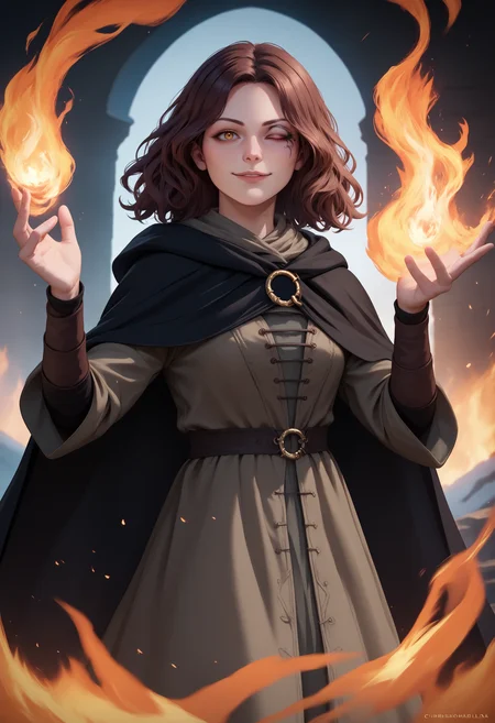 score_9, score_8_up, score_7_up, realistic, IncrsMelina, scar across eye, facial tattoo, one eye closed, brown hair, medium hair, yellow eyes, black cloak, hooded cloak, hood down, grey dress, long sleeves, cape, <lora:Melina_pdxl_Incrs_v2:1>, looking at viewer, cowboy shot, magic, fire, holding fire, seductive smile,