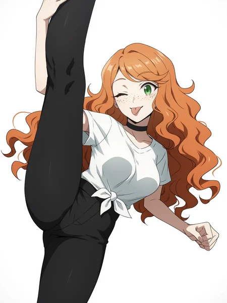 score_9, score_8_up, score_7_up, score_6_up, score_5_up, score_4_up,
BREAK
1girl, orange hair, wink, tongue out, green eyes, long hair, wavy hair, freckles, swept bangs,
BREAK
solo, medium breasts, white t-shirt, tied shirt, black yoga pants, black choker, thigh gap, skinny,
BREAK
(white background:1.2), simple background, dynamic pose, dynamic angle, angled shot, <lora:Lunas-Tedain-SDXL-A1:1>