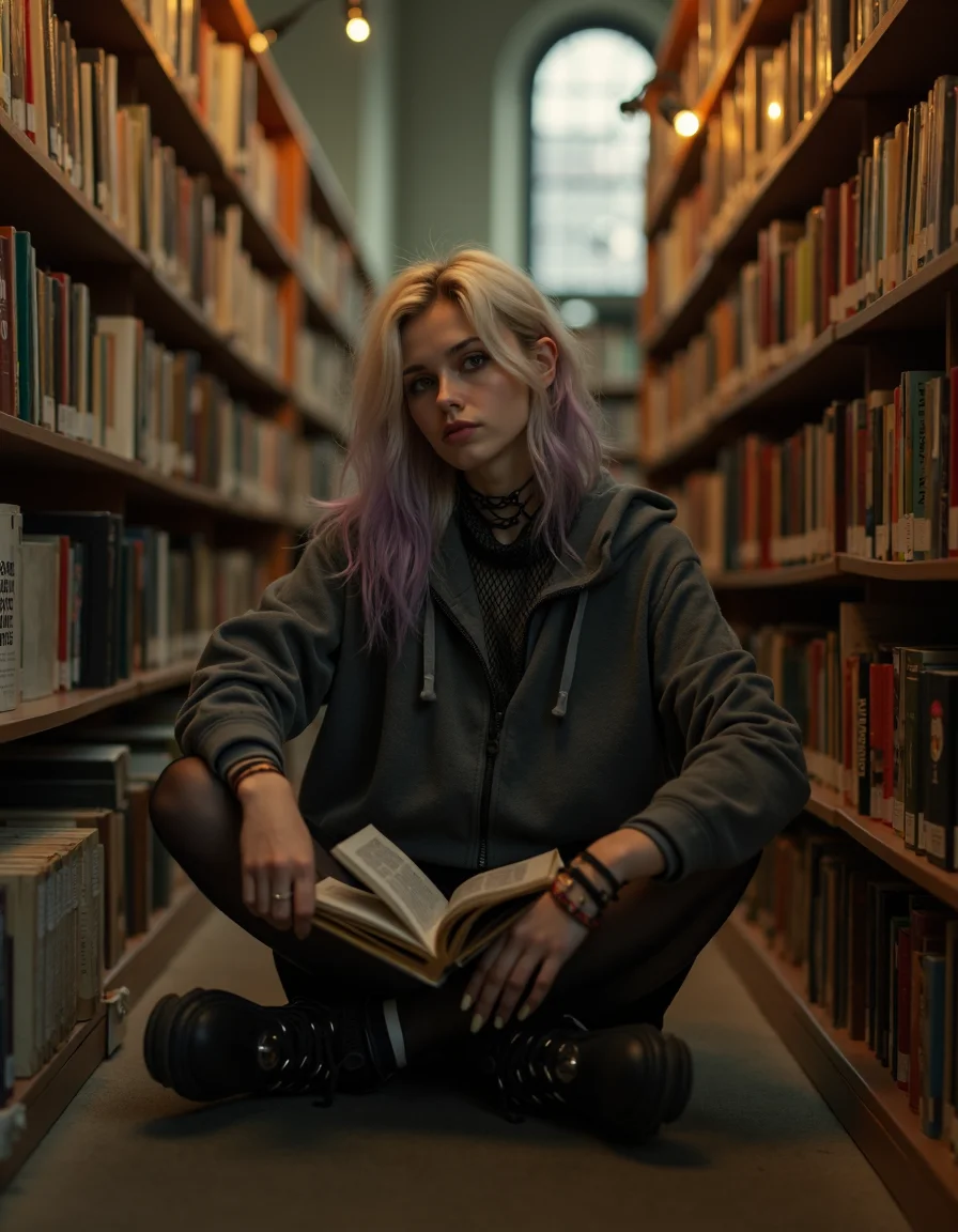 Inside the back corner of an old independent bookstore, lit only by warm table lamps and dusty skylight haze, a beautiful blonde American emo woman sits cross-legged between rows of tightly packed shelves. Sheâs dressed in an oversized charcoal-gray hoodie layered over a netted black undershirt, with one sleeve pushed up to reveal mismatched bracelets and inked doodles on her wrist. Her lower half is wrapped in a black denim miniskirt over laddered black-and-white striped tights, ending in chunky lace-up boots with silver hardware. Her blonde hair with lavender dip-dyed ends falls in subtle waves over one eye, parted messily with sharp layered bangs. A stack of zines and used poetry books rests beside her, one open in her lap, her chipped black nails lazily turning the page.
Shot on a Nikon FM2 using Cinestill 800T film, the image captures the mood of solitude and quiet intimacy. The bookshelves tower over her in soft blur, framing her like cathedral walls. Dust in the air catches the glow of a single vintage bulb nearby, creating golden highlights on her cheekbone and a tiny glare in her eye. The corners of the image fade slightly, with a natural vignette and heavy grain enhancing the analog charm. Her expression is dreamy and unfazedâsomewhere between deep thought and mild boredomâperfectly embodying the introspective soul of emo fashion in a peaceful sanctuary of used books and whispered thoughts. <lora:Emo_girls_-_flux-000013:0.8> em0g1rls, em0