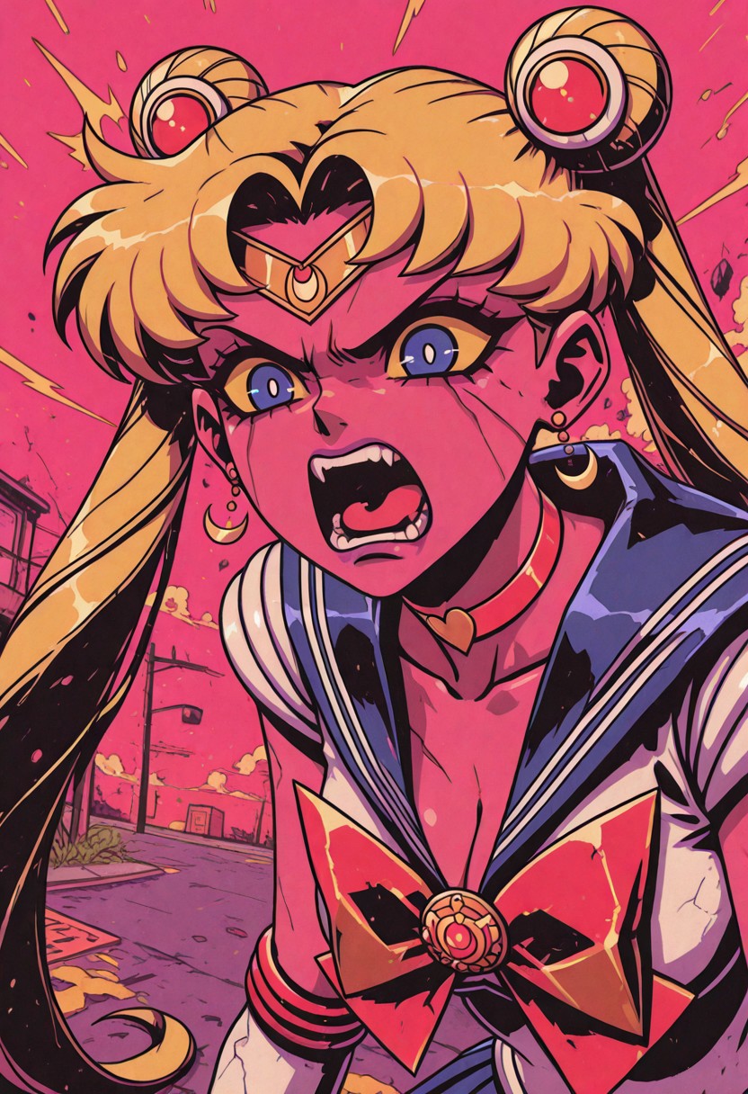 Overnoizz, female character concept,fabulous artwork,best quality,high resolution,fisheye view.
sailor moon, blonde hair, blue eyes, open mouth, aggressive, surprised, angry. 
pink background
