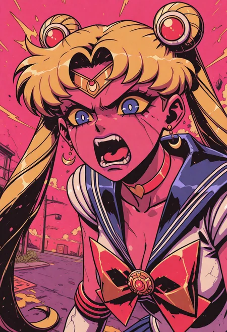 Overnoizz, female character concept,fabulous artwork,best quality,high resolution,fisheye view.
sailor moon, blonde hair, blue eyes, open mouth, aggressive, surprised, angry.
pink background