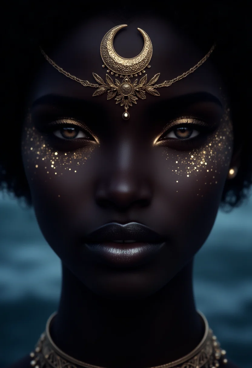 <lora:Midjourney_Dark_Fantasy_FLUX_LoRA:1>, a close-up portrait of a Black woman. Her face is adorned with intricate gold jewelry, including a crescent moon-shaped piece above her left eye and a delicate filigree design across her forehead. Her eyes are captivating, with golden eyeshadow and a hint of glitter. Her lips are painted a shimmering silver, adding to the overall celestial and ethereal vibe. The lighting and shadows create a dramatic and alluring effect, highlighting the woman's striking features. The background is a soft, blurred blue, suggesting a night sky or the depths of the ocean. The overall impression is one of mystery, beauty, and power.