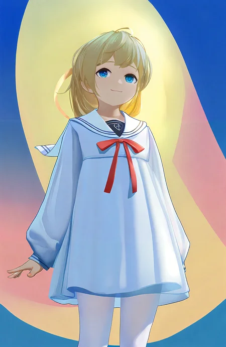 1girl, solo, smile, blue_eyes, blonde_hair, long_sleeves, dress, bow, ribbon, closed_mouth, pantyhose, sailor_collar, white_dress, puffy_long_sleeves, white_pantyhose