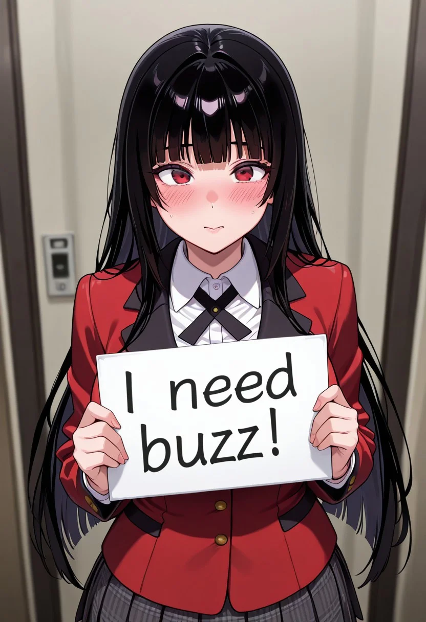 masterpiece, best quality, amazing quality, 8k, face focus, face only, 1girl, need_buzz, holding sign, solo, jabami yumeko, black hair, long hair, blunt bangs, school uniform, red blazer, collared shirt, pleated skirt