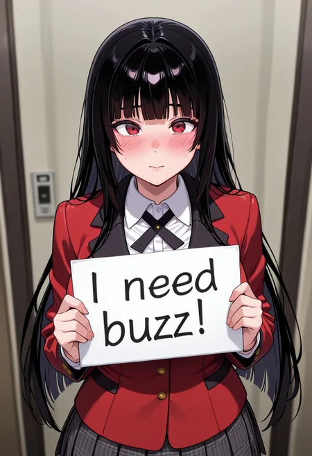 masterpiece, best quality, amazing quality, 8k,  face focus, face only, 1girl, need_buzz, holding sign, solo, jabami yumeko, black hair, long hair, blunt bangs, school uniform, red blazer, collared shirt, pleated skirt