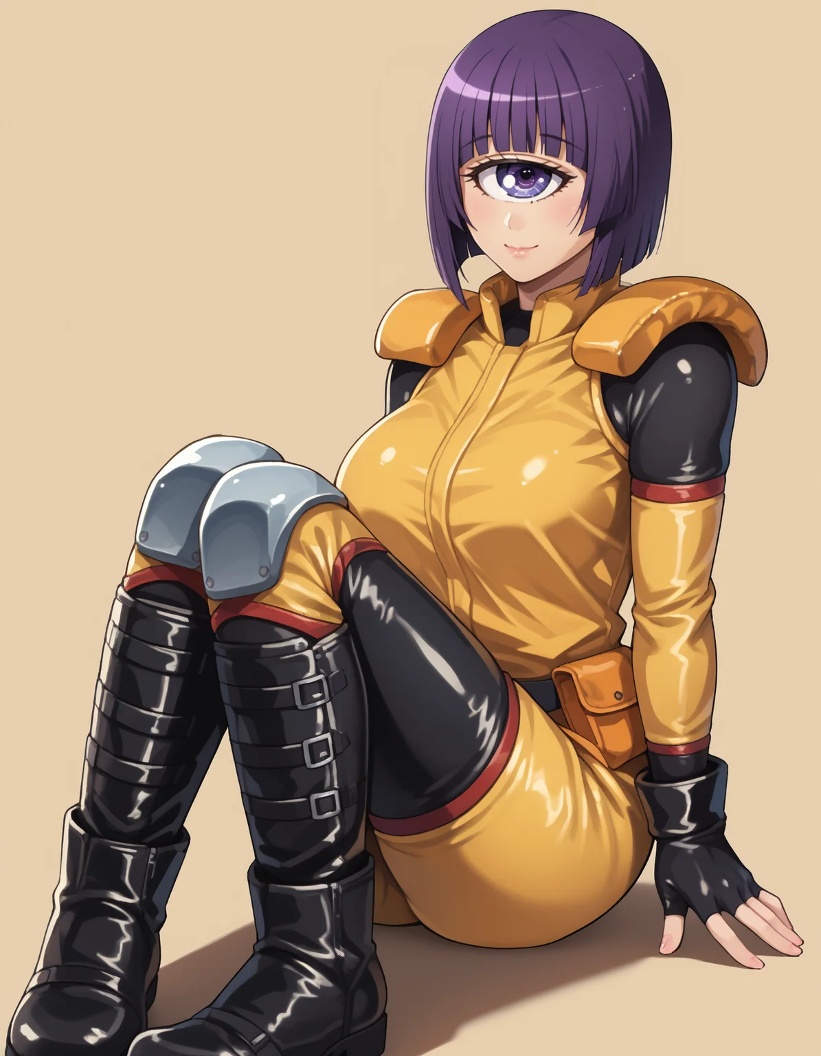 score_9, score_8_up, score_7_up,score_6_up source_anime, 1girl,huge breasts,wide hips,thick thighs,smile,
manakobaf, 1girl, cyclops, purple hair, purple eyes, fingerless gloves, short hair, belt, blunt bangs, looking at viewer, shoulder pads, monster girl, black and yellow bodysuit,pants,knee pads,full body, boots
<lora:manako-koto-PonyXL 2:1>