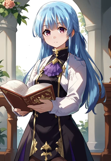 zPDXL3, score_9_up, score_8_up, score_7_up, (Anime_source), 1girl, ClauneAuguste, lavender eyes, light blue hair long hair, updo hair, Claune clothes, cowboy shot, looking at viewer, holding book
