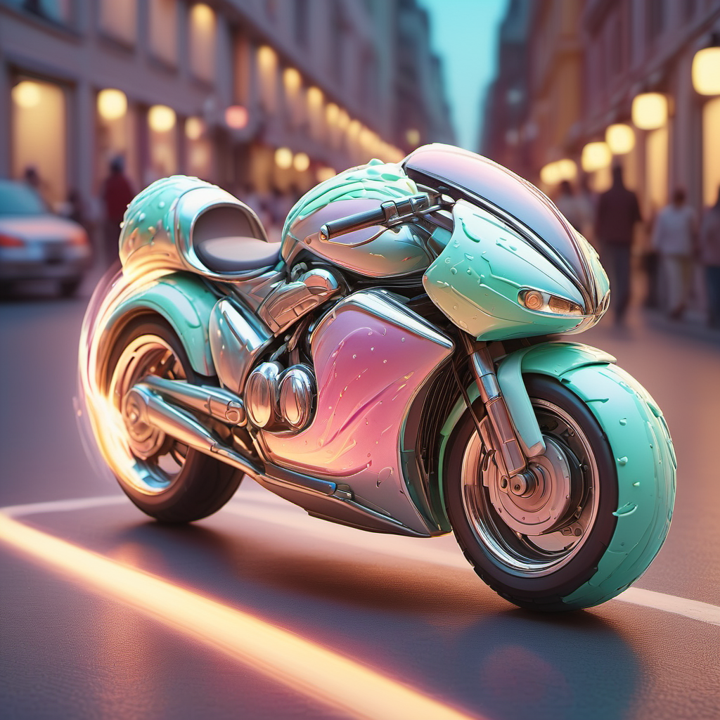 GelatoStyle,a sleek futuristic motorcycle, chrome finish,  glowing lights, high-speed motion blur, dynamic angle, night scene,ultra-detailed  <lora:GelatoStyleV1_2-000004:1>