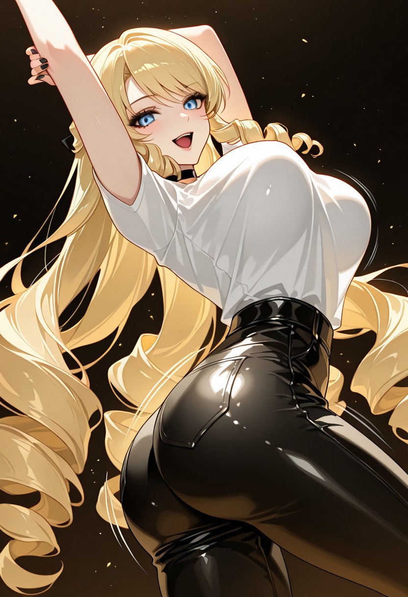 masterpiece, best quality, manga art style,black and white , multiple panels, 1girl, solo, ((wrnchnvigi, blonde hair, drill hair, blue eyes, very long hair, drill sidelocks, large breasts)) ,positioned slightly off-center to the left of the image, is depicted. 
calm expression.  
White t shirt, Black leather jaket , black leather pants, black lipstick,  black eyeliner, black nails , black choker.
Black background, (<lora:mememe-dance-illustriousxl-lora-nochekaiser:1>, mememe dance, me!me!me! dance (meme), dancing, bouncing, bouncing breasts, arms up, smile, open mouth, looking at viewer, ass shake,), from front, dark environment , light eliminating face with soft glow.
The background is a simple.