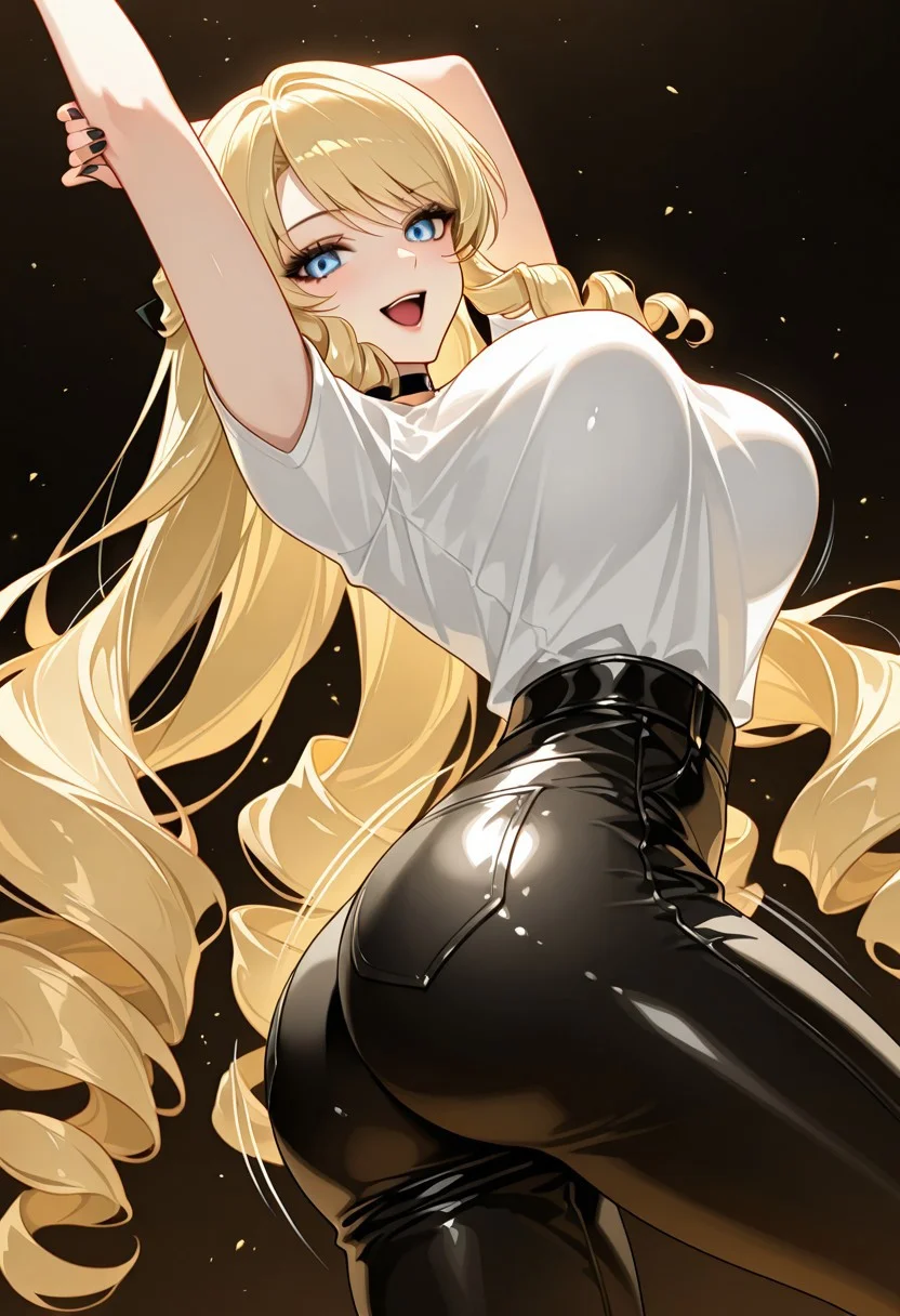masterpiece, best quality, manga art style,black and white , multiple panels, 1girl, solo, ((wrnchnvigi, blonde hair, drill hair, blue eyes, very long hair, drill sidelocks, large breasts)) ,positioned slightly off-center to the left of the image, is depicted. 
calm expression.  
White t shirt, Black leather jaket , black leather pants, black lipstick,  black eyeliner, black nails , black choker.
Black background, (<lora:mememe-dance-illustriousxl-lora-nochekaiser:1>, mememe dance, me!me!me! dance (meme), dancing, bouncing, bouncing breasts, arms up, smile, open mouth, looking at viewer, ass shake,), from front, dark environment , light eliminating face with soft glow.
The background is a simple.