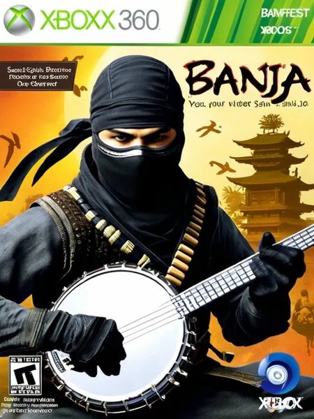 xb0xc0ver, detailed, masterpiece,xbox360 video game cover of a ninja playing banjo,(text "BANJA")  <lora:Xbox360Cover4:0.9>
