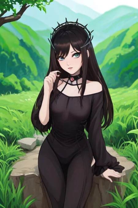 digital illustration, concept art, cute pose, 24 year old skinny woman, old style outfit, Italian, vilage, outdoors, looking at viewer, long brown hair, day, tree, dress, scenic, summer Italian fashion, blue choker, high hills boots, mid fall, lush green valleys, cheerful expression, adventure, nature, cozy, sexy hair, steampunk, Marsaili_v1