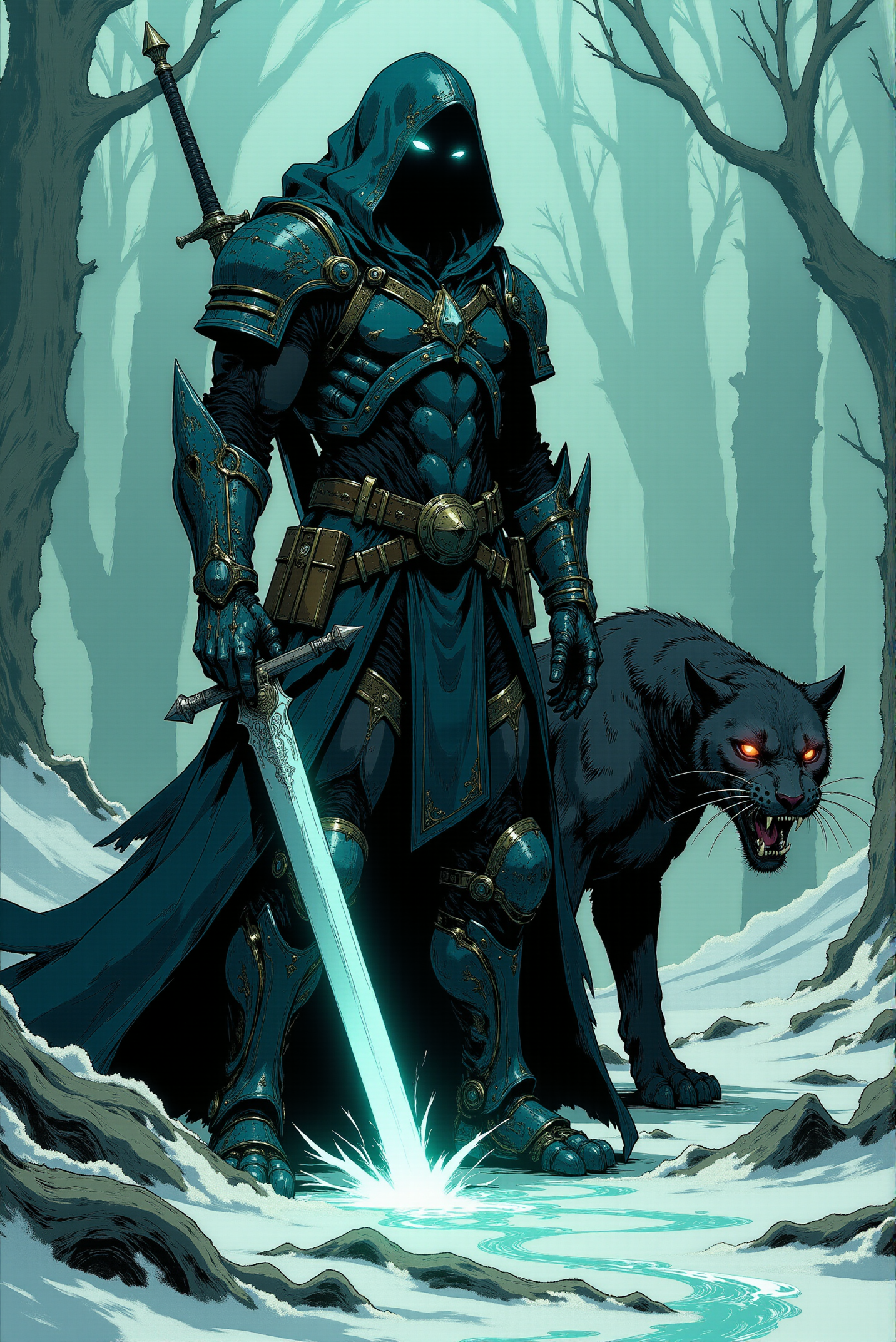DGC style illustration.
In a bold comic-style rendition, the stoic figure of the armored warrior is reimagined with sharp, dynamic linework and striking contrasts that emphasize their commanding presence. The hooded warrior is encased in jagged, angular armor, each plate intricately detailed with engraved designs and glowing with faint icy blue highlights. Their face is obscured behind a menacing, shadowy helm, leaving only a sense of cold determination and mystery. The long, jagged sword held firmly in one hand is depicted with exaggerated proportions, its edges gleaming with sharp, radiant highlights, while frost-like patterns creep along its blade, evoking a chilling aura. A sleek, panther-like companion, gracefully stands next to him. The feline is drawn with sharp, angular strokes that highlight its powerful musculature and glinting eyes, which emit an eerie glow, its form menacing, with sleek glossy fur rendered in bold inky blacks and faint blue undertones. The desolate icy landscape surrounding the warrior is brought to life through intricate hatching and gradient shading. Jagged shards of ice and weathered wooden structures punctuate the backdrop, creating a sense of harsh, unforgiving wilderness. The frigid air is hinted at with swirling streaks of white and gray, suggesting a biting wind that whips through the scene. The color palette is dominated by steely grays, cold whites, and icy blues, with occasional glints of silvery metal and glowing highlights that add depth and drama to the scene. The interplay of dark shadows and crisp, clean highlights creates a stark, high-contrast composition, emphasizing the unyielding strength of the warrior and the feral intensity of their beasts. This comic-style interpretation captures the raw power and chilling mystique of the moment, evoking a sense of solitary resilience in a frozen, unforgiving world.
<lora:Dark_Gothic_Comic_style_r2:1.0>