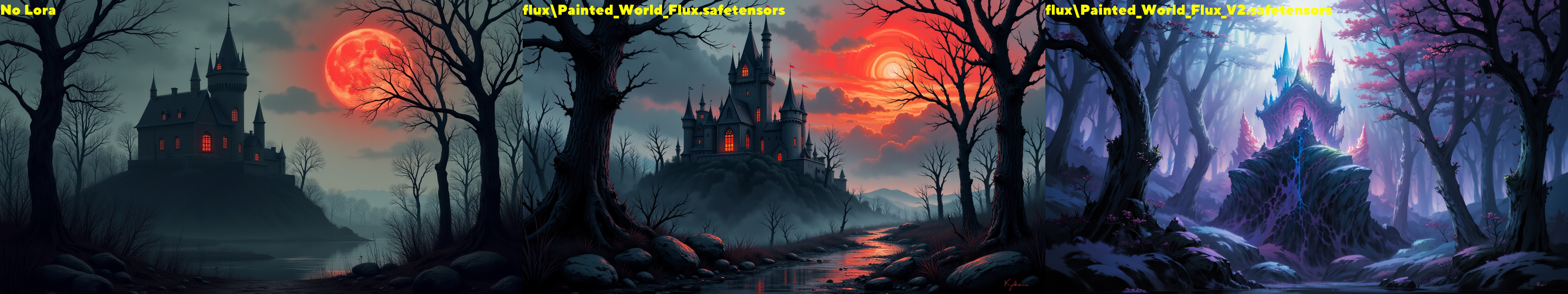 painted world,a haunted castle surrounded by pitch black silhouettes of dead trees,