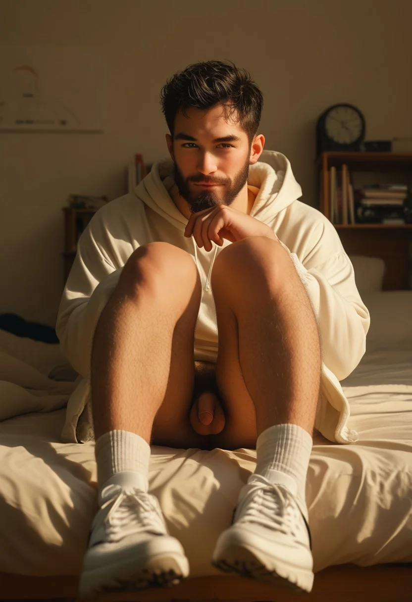 aaPO8m1n1, score_9, score_8_up, score_7_up, solo, (slender muscle), skinny, (cute:1.9), The lighting creates a warm intimate atmosphere, enhancing the creative energy of the messy room, lazy vibe, desk, shelves, (hairy), (full body visible from head to socks), studio background, on back, on bed, bedroom background, doing provocative pose for a photo, alluringly look at viewer, male, light skin tone, white fluffy hoodie with hood on, white sneakers, bottomless, (tiny flaccid penis:1.25), foreskin, white socks, detailed, realistic, high resolution, cinematic, (perfect hand), (step on view, sole), nike, bored, from above, body tilt, head tilt, (black hair), asian, smirk, tanned skin,(beard:1.6)