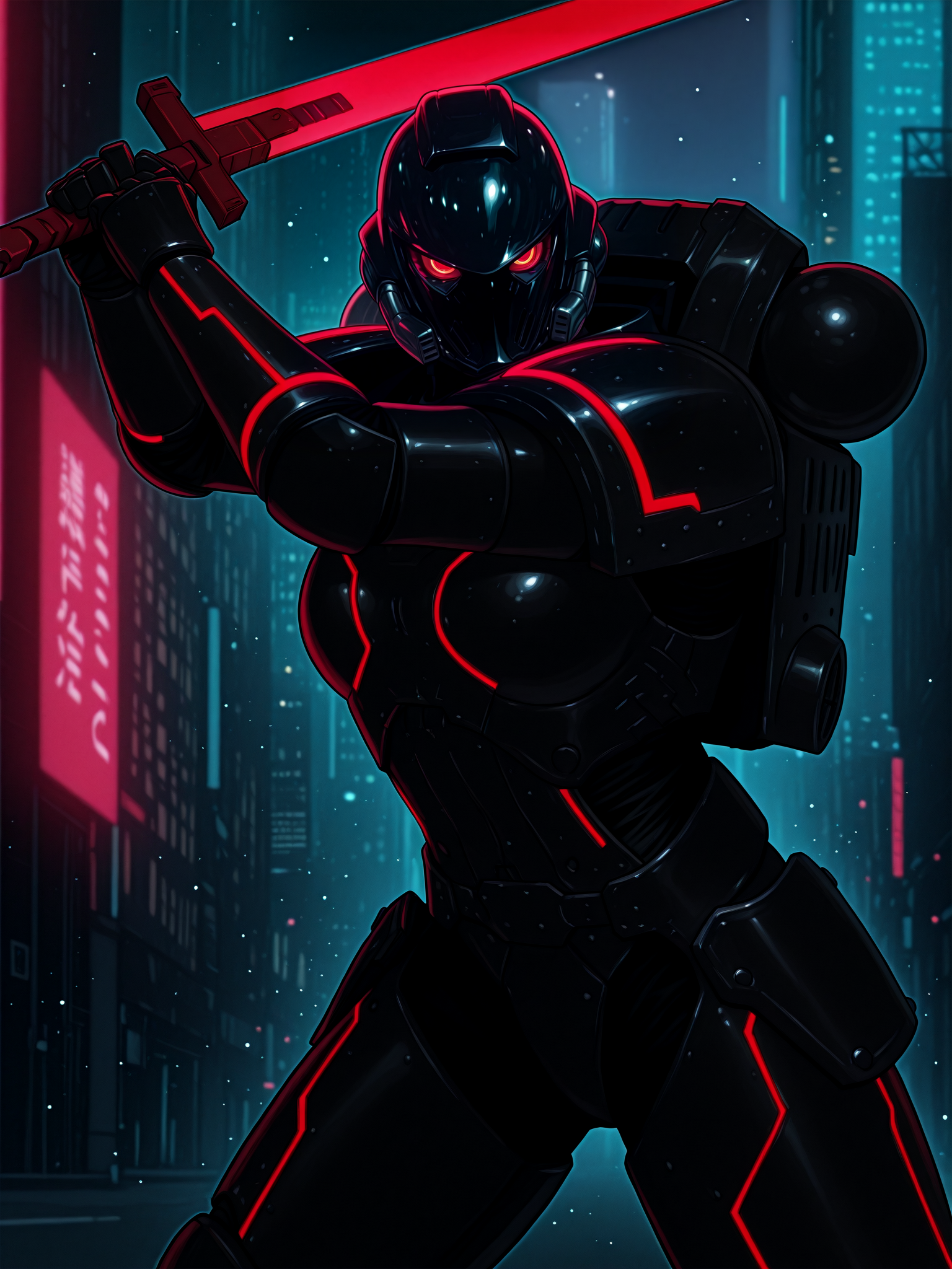masterpiece, amazing quality, best quality, ultra-detailed, 8K, ultra-detailed-eyes, newest, highres, absurdres, volumetric lighting, raytracing, soft lighting, bloom effect, glow, shining, intricate cinematic background, <lora:Tron-Legacy:1> tr0n, 1girl, solo, cowboy shot, looking at viewer, helmet,
red neon trim, black outfit, 
<lora:SpaceMarines_Creator_warhammer_Leaf1:1> spacemarines, armor, pauldrons, gauntlets, cyberpunk city, from front , (dynamic pose, action pose), large sword, energy sword, detailed background, bright lights, heavy armor, jetpack, buildings, street,  <lora:The_Alphabet_Style_-_Illustrious:1> th3-4lph4b3t-t4g, <lora:reij-rt:1> <lora:spo_sdxl_10ep_4k-data_lora_webui:1>