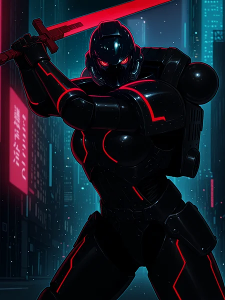 masterpiece, amazing quality, best quality, ultra-detailed, 8K, ultra-detailed-eyes, newest, highres, absurdres, volumetric lighting, raytracing, soft lighting, bloom effect, glow, shining, intricate cinematic background, <lora:Tron-Legacy:1> tr0n, 1girl, solo, cowboy shot, looking at viewer, helmet,
red neon trim, black outfit, 
<lora:SpaceMarines_Creator_warhammer_Leaf1:1> spacemarines, armor, pauldrons, gauntlets, cyberpunk city, from front , (dynamic pose, action pose), large sword, energy sword, detailed background, bright lights, heavy armor, jetpack, buildings, street,  <lora:The_Alphabet_Style_-_Illustrious:1> th3-4lph4b3t-t4g, <lora:reij-rt:1> <lora:spo_sdxl_10ep_4k-data_lora_webui:1>