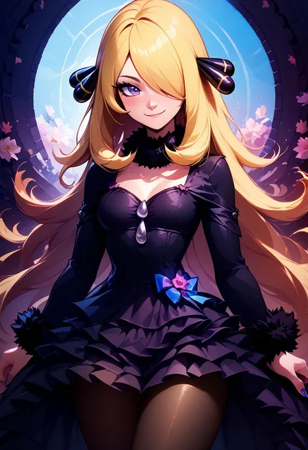 score_9, score_8_up, score_8, medium breasts, (curvy), cute, eyelashes,
BREAK,
zzCynthia, solo, 1girl, blonde, long hair, black coat, black pants,
BREAK,
closed mouth, alternate costume, smile, nail polish, looking at viewer, hand up, blush,
zzLFashion, frilled dress, frills, bow, dress, pantyhose,
zPDXL,