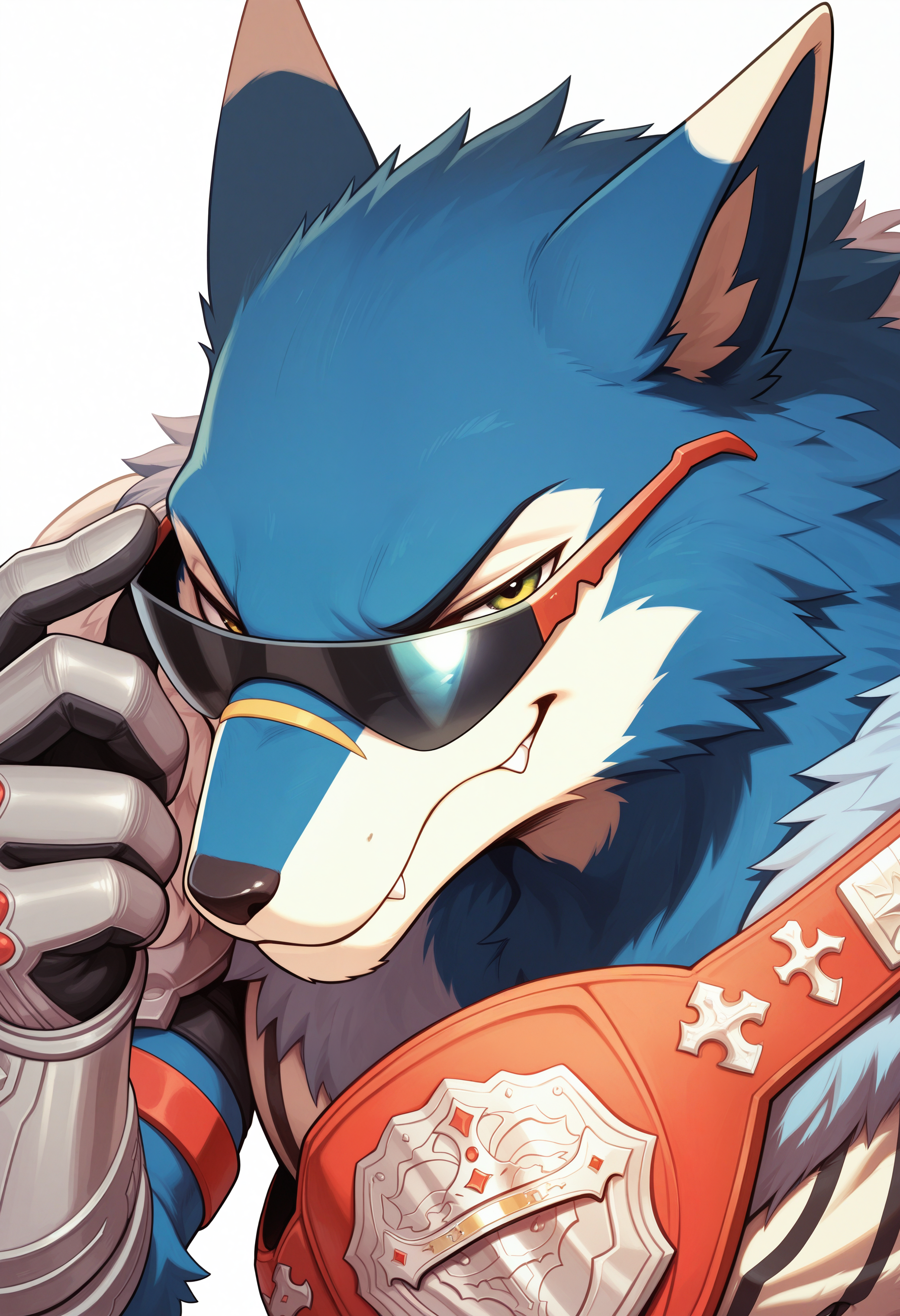 masterpiece,best quality,amazing quality, 1boy, m4ch, furry male,  champion belt, pauldrons, sunglasses, close up, side angle, smug,
