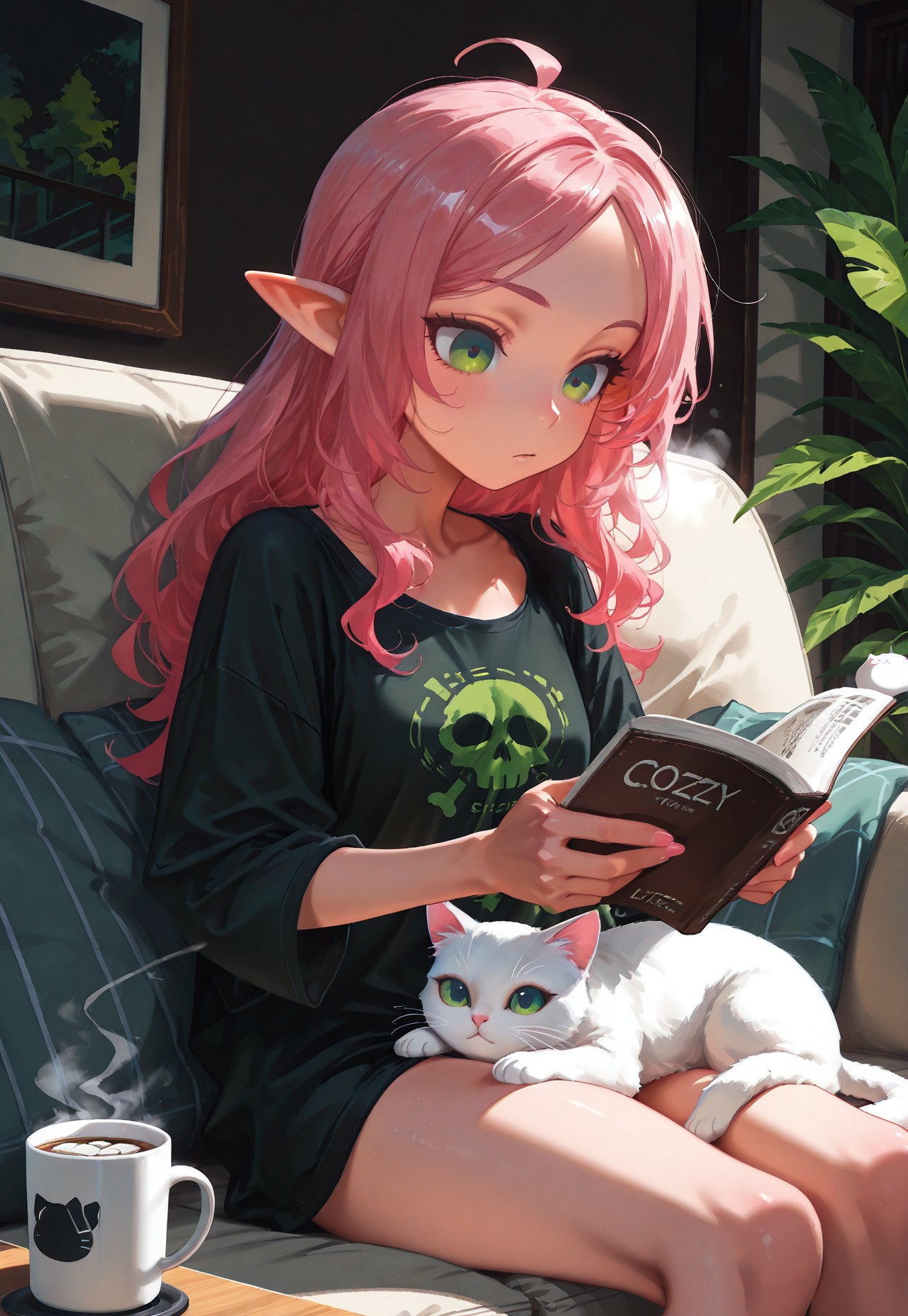 safe_pos, solo, living room, elf girl, skinny, pink hair, green eyes, oversized black shirt, large t-shirt, nude t-shirt, sitting, reading, steaming coffee mug, white cat, cozy,
t4kar4i_illu, no_outlines, no lineart,
masterpiece, best quality, absurdres, [dynamic pose]