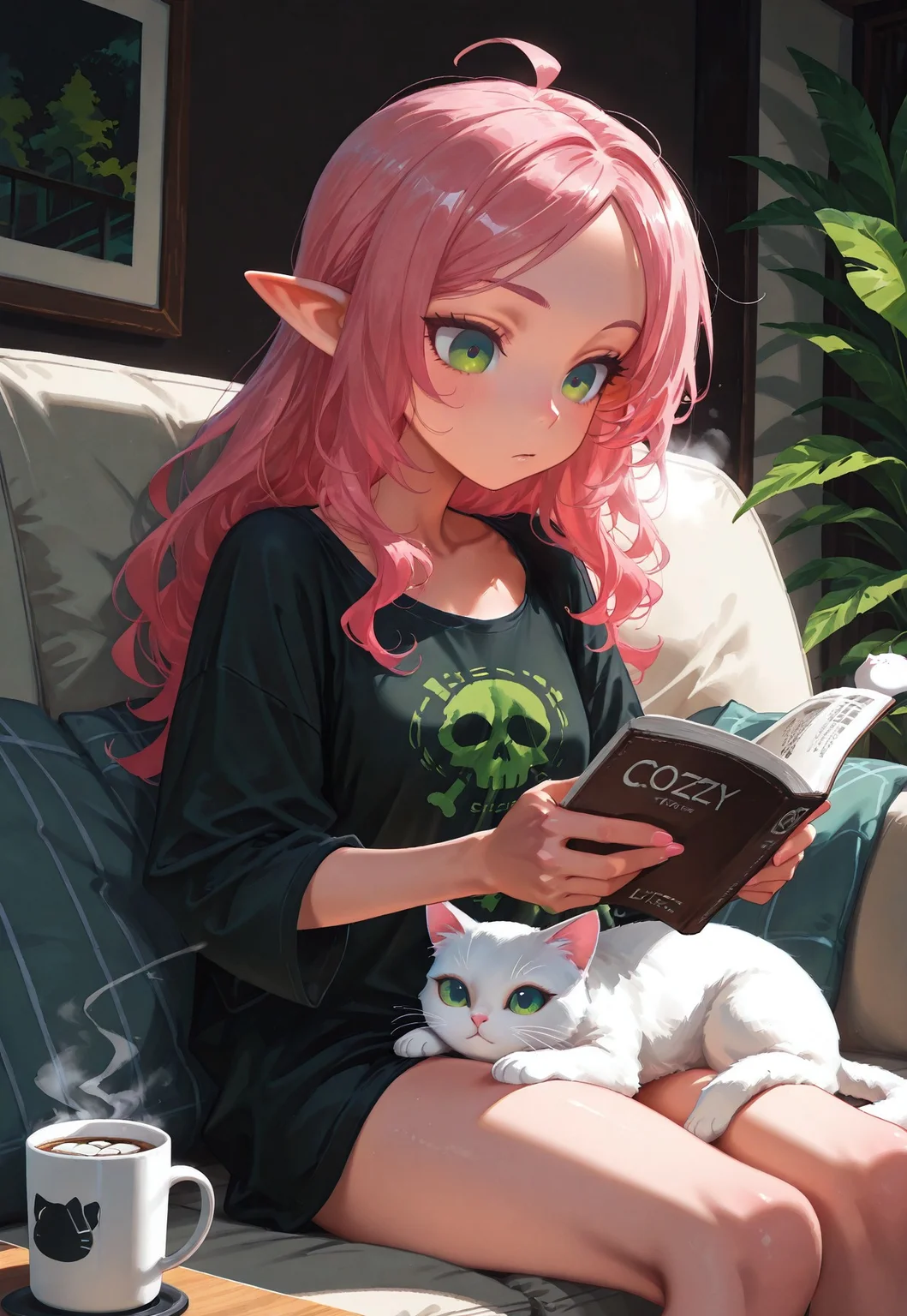 safe_pos, solo, living room, elf girl, skinny, pink hair, green eyes, oversized black shirt, large t-shirt, nude t-shirt, sitting, reading, steaming coffee mug, white cat, cozy,
t4kar4i_illu, no_outlines, no lineart,
masterpiece, best quality, absurdres, [dynamic pose]