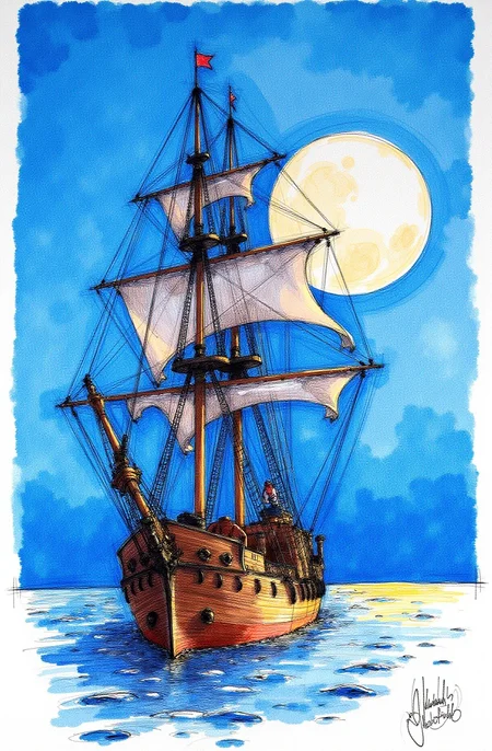 Sharp image of a rough sketch, rendered in vibrant multi colour ballpoint pen, capturing the adorable features of a portait of a tall ship sailing in the ocean with a full moon in the background. The ship is silhouetted against the sky, which is a deep blue color, and the moon is partially visible in the top right corner of the image. The moon appears to be partially hidden behind the ship, creating a sense of depth and mystery. The water is calm and still, reflecting the light of the moon and the ship. The mast of the ship is tall and slender, with multiple sails that are billowing in the wind. The overall mood of the photograph is peaceful and serene.  p3nsk, <lora:p3nsk:1>