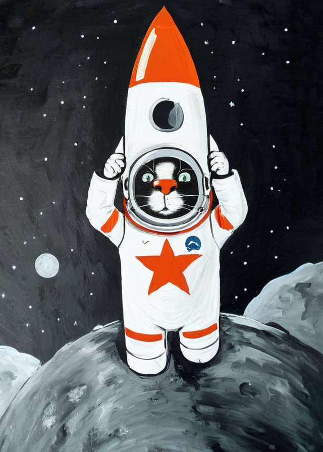 full body portrait low angle (USSR:1.3) astronaut helmet cat flies in zero gravity at the moon (rocket on bg:1.3)  painting   <lora:LojkinXL:0.9>   <lora:add-detail-xl:0.8>