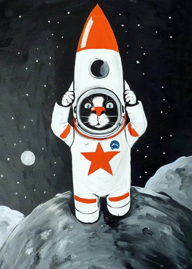 full body portrait low angle (USSR:1.3) astronaut helmet cat flies in zero gravity at the moon (rocket on bg:1.3) painting <lora:LojkinXL:0.9> <lora:add-detail-xl:0.8>