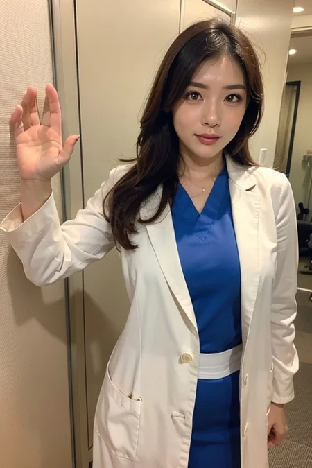 best quality, (1girl), ((waving)), 
45 year old woman, beautiful Japanese female doctor in open white labcoat and blue scrubs, black hair, (slim:1.2), fit, narrow waist, wide hips, skirt, long hair, looking at viewer, bright modern hospital, ultra high res, realistic photorealistic, ultra-detailed, finely detailed, high resolution, perfect dynamic composition, anatomically correct, super detail, textured skin, extremely detailed face and eyes, detailed facial features, v4n3ss4