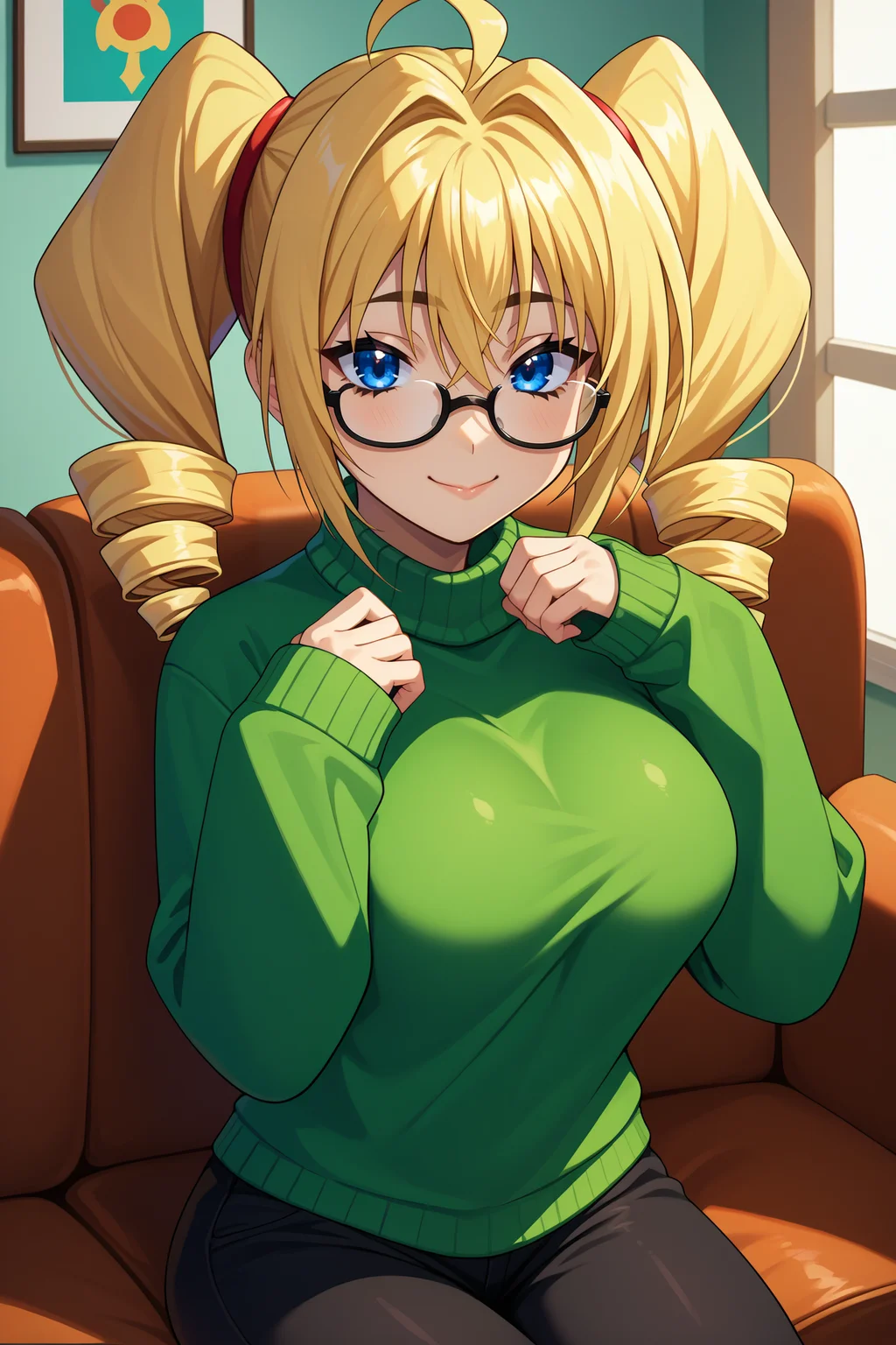 score_9, score_8_up, score_7_up, score_6_up, source_anime BREAK 1girl, solo <lora:ravelphenex-pdxl-nvwls-v1-000004:1> dxdRP, blonde hair, ahoge, twin drills, blue eyes, breasts, green sweater, sleeves past wrists, glasses, black pants, sitting, couch, closed eyes, happy, looking at you, big breasts