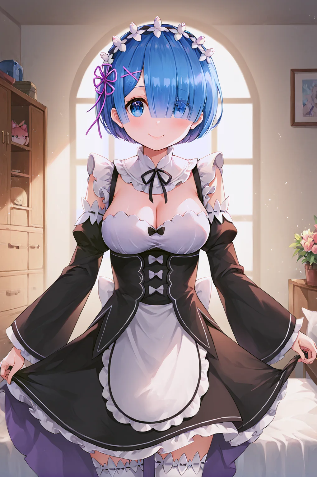 <lora:1_Style_Ayamy_local:0.7> ayamy, by ayamy, smile, closed mouth, <lora:ReZero_Rem_XL:0.8> rem, 1girl, blue eyes, blue hair, hair ornament, hair over one eye, hair ribbon, short hair, x hair ornament, apron, black ribbon, black skirt, black sleeves, detached collar, detached sleeves, flower, frilled apron, frilled skirt, frills, head wreath, long sleeves, maid, miniskirt, neck ribbon, purple ribbon, ribbon, ribbon trim, ribbon-trimmed sleeves, roswaal mansion maid uniform, short hair, skirt, thighhighs, waist apron, white apron, white thighhighs, cleavage, large breasts,, <lora:9_Detail_Tweaker_XL:0.8>, score_9, score_8_up, score_7_up, source_anime, masterpiece, best quality, highly detailed background, cinematic lighting, detailed eyes, perfect face,, lazy, teenager room, messy, bedroom, bed sheet, closet,