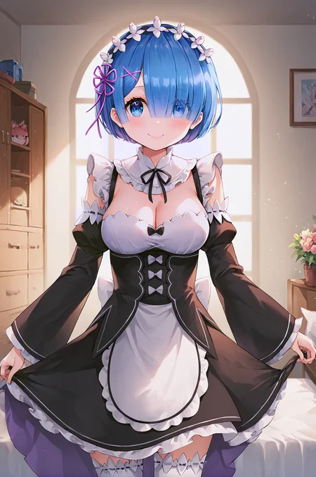 <lora:1_Style_Ayamy_local:0.7> ayamy, by ayamy, smile, closed mouth, <lora:ReZero_Rem_XL:0.8> rem, 1girl, blue eyes, blue hair, hair ornament, hair over one eye, hair ribbon, short hair, x hair ornament, apron, black ribbon, black skirt, black sleeves, detached collar, detached sleeves, flower, frilled apron, frilled skirt, frills, head wreath, long sleeves, maid, miniskirt, neck ribbon, purple ribbon, ribbon, ribbon trim, ribbon-trimmed sleeves, roswaal mansion maid uniform, short hair, skirt, thighhighs, waist apron, white apron, white thighhighs, cleavage, large breasts,, <lora:9_Detail_Tweaker_XL:0.8>, score_9, score_8_up, score_7_up, source_anime, masterpiece, best quality, highly detailed background, cinematic lighting, detailed eyes, perfect face,, lazy, teenager room, messy, bedroom, bed sheet, closet,