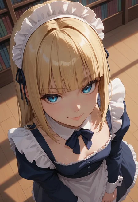 (score_9, score_8_up, score_7_up), 1girl, solo,blonde hair, blue eyes, long hair, hime cut, long bangs, small breasts, maid dress, white stockings, garter straps,
(face focus, from above, close-up:1.1),  standing, library, private study, sunset,, thighs, wide hips,
(hands, dutch angle:1.2), 
smug,