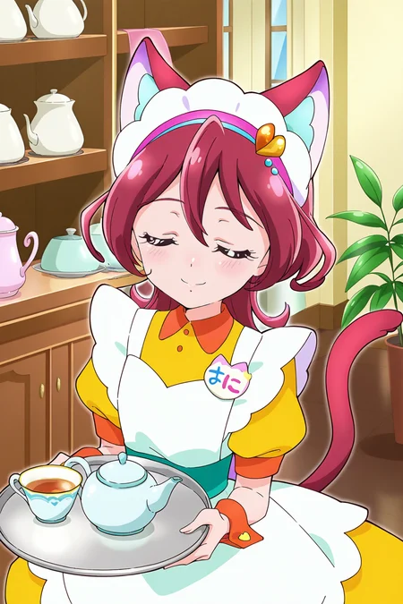 <lora:Kimi_to_Idol_Precure:1>, Kimi_to_Idol_Precure, 1girl, animal ears, solo, tail, closed eyes, red hair, maid, smile, cup, cat ears, maid headdress, cat tail, name tag, teapot, wrist cuffs, short hair, teacup, apron, waitress, indoors, holding, tray, plant