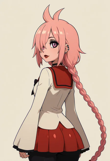 masterpiece, best quality, solo, curvy, beautiful eyes, narrow waist, wide hips, 1girl, solo, smile, looking at viewer, zzKaede, pink eyes, hair between eyes, ahoge, antenna hair, long hair, pink hair, single braid, school uniform, choker, sleeves past wrists, red skirt, black pantyhose, ,<lora:KaedeByKurumiErika_IXL:1.0>, , solo, looking at viewer, simple background, ass, cowboy shot, looking back, from behind, hair over one eye, lips, skindentation, makeup, piercing, cross, lipstick, ear piercing, eyeshadow, shiny clothes, gothic, <lora:ElfFio_IXL_v2:0.8>,