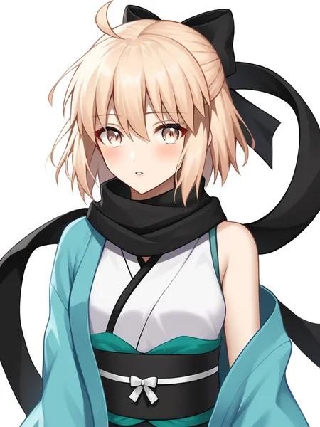 score_9,score_8_up,score_7_up,<lora:fgo_179_a1:1>,1girl, ahoge, black_bow, black_scarf, blonde_hair, blush, hair_bow, haori, obi, okita_souji_\(fate\), okita_souji_\(koha-ace\), parted_lips, short_hair, simple_background, sleeveless_kimono, solo, upper_body, white_background, white_kimono, yellow_eyes