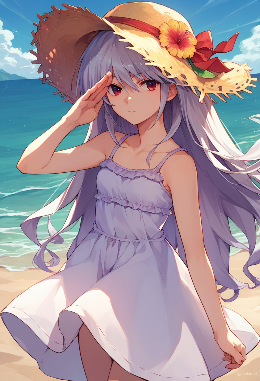 score_9, score_8_up, score_7_up, source_anime, 1girl,  <lora:KazukiCAME-000007:1> kazami kazuki, silver hair, long hair, red eyes, sundress, straw hat, beach, salute,